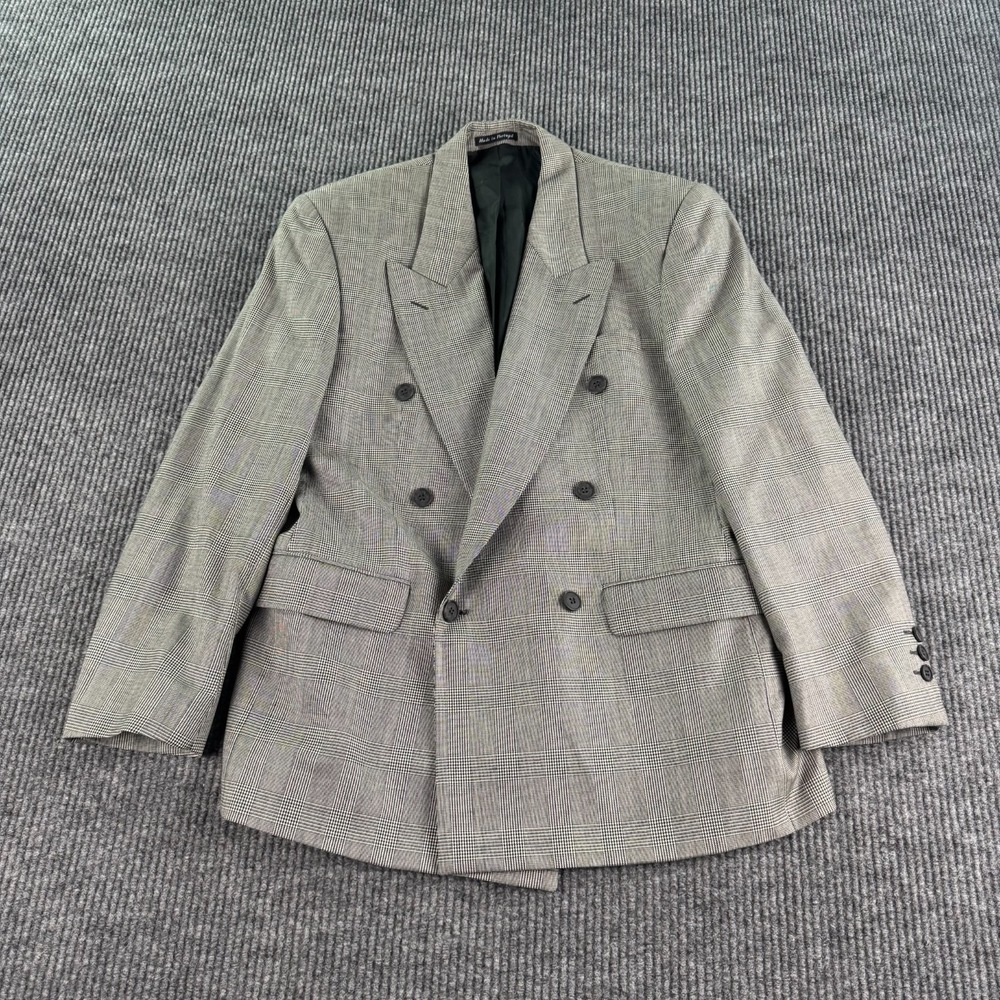 Vintage YSL Blazer Men 40S Gray Plaid Double Breasted Bespoke Portugal Wool